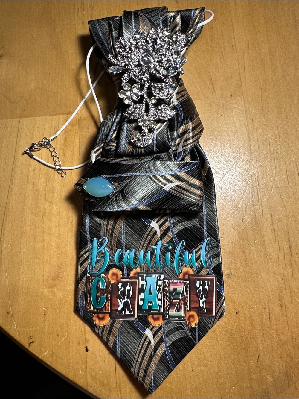 Murano "Beautiful Crazy" Silk Necklace Tie with Gorgeous Brooch